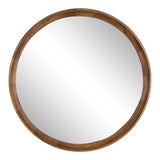 Round wall mirror with a wide, segmented wooden frame in natural brown tones and a smooth reflective surface.