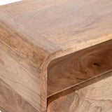 Close-up of smooth, rounded corner and open storage space in light brown wood grain of Kato Floating Side Table