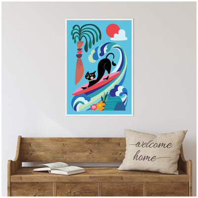 Sylvie Vibrant Whimsical Ocean Surf Cat Framed Canvas by Rachel Lee