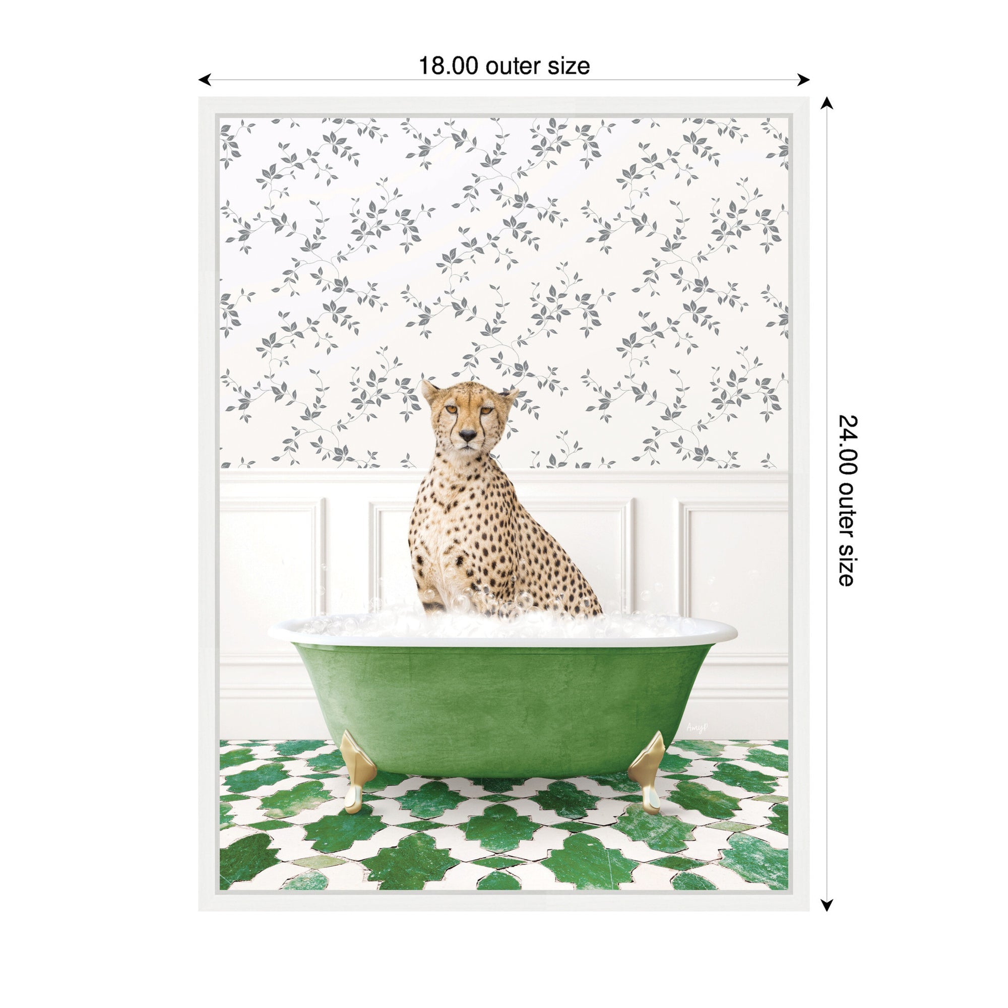 Sylvie Cheetah in Eclectic Green Bathtub Framed Canvas by Amy Peterson