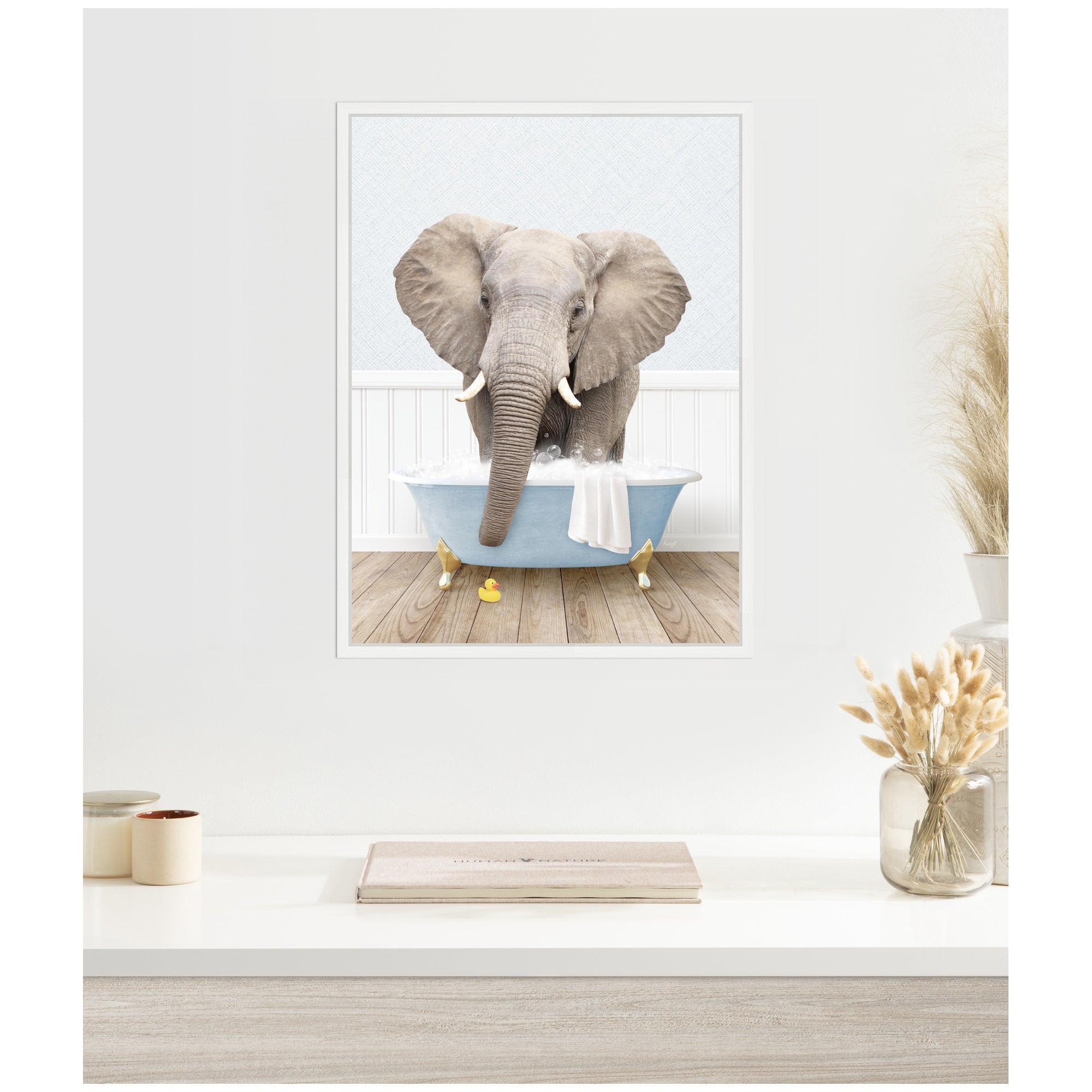 Sylvie Elephant Front in Cottage Blue Bathtub Framed Canvas by Amy Peterson