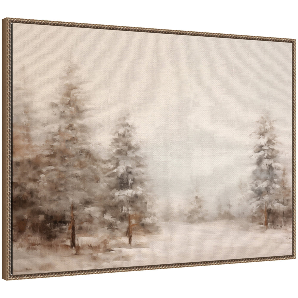 Framed canvas art titled 'Sylvie Beaded Warm Neutral Winter Forest Landscape' showing a softly muted winter forest scene with a beaded vintage frame effect