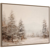 Framed canvas art titled 'Sylvie Beaded Warm Neutral Winter Forest Landscape' showing a softly muted winter forest scene with a beaded vintage frame effect
