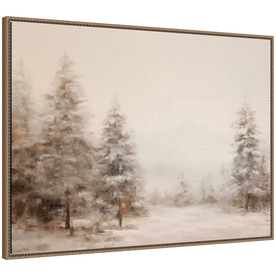Framed canvas art titled 'Sylvie Beaded Warm Neutral Winter Forest Landscape' showing a softly muted winter forest scene with a beaded vintage frame effect