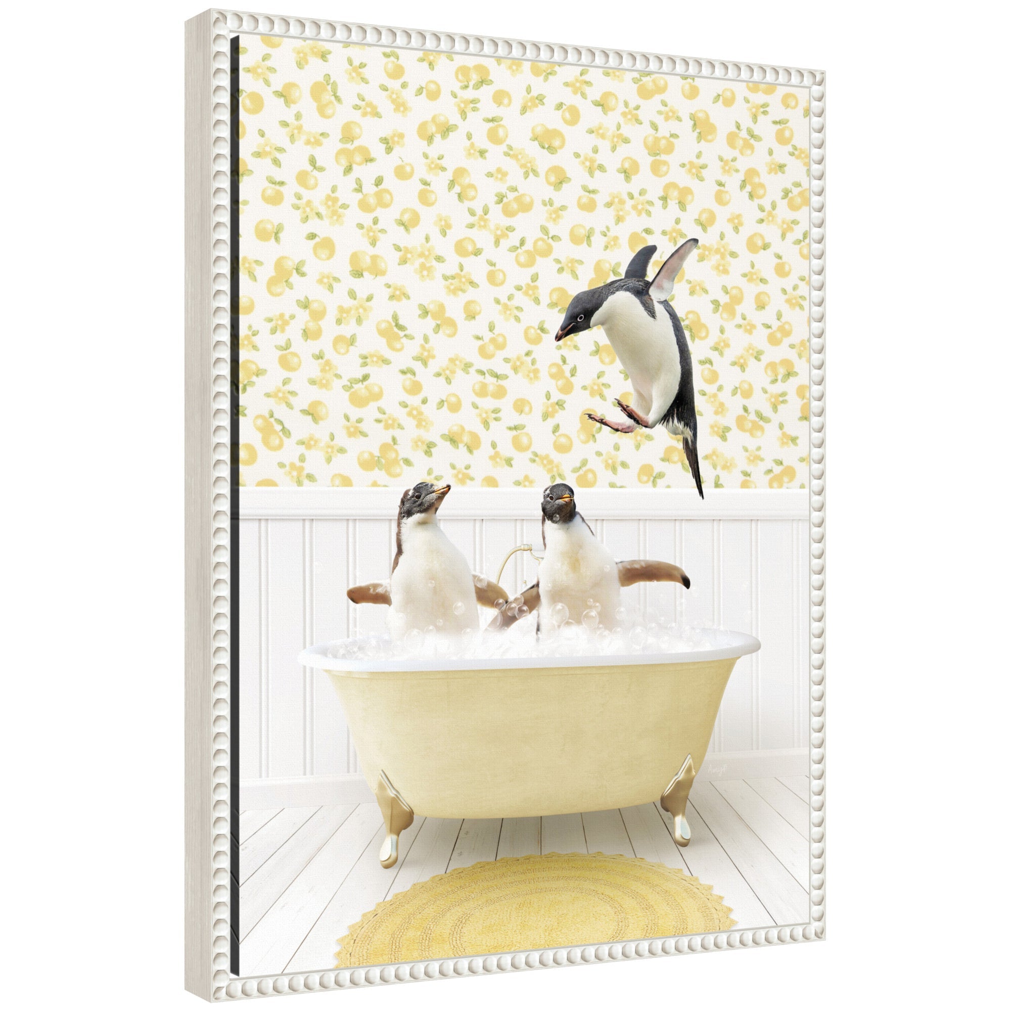 Framed floating canvas art titled 'Sylvie Penguins in Cottage Yellow Bathtub' showing penguins on yellow bathtub with blue windowed cottage background.