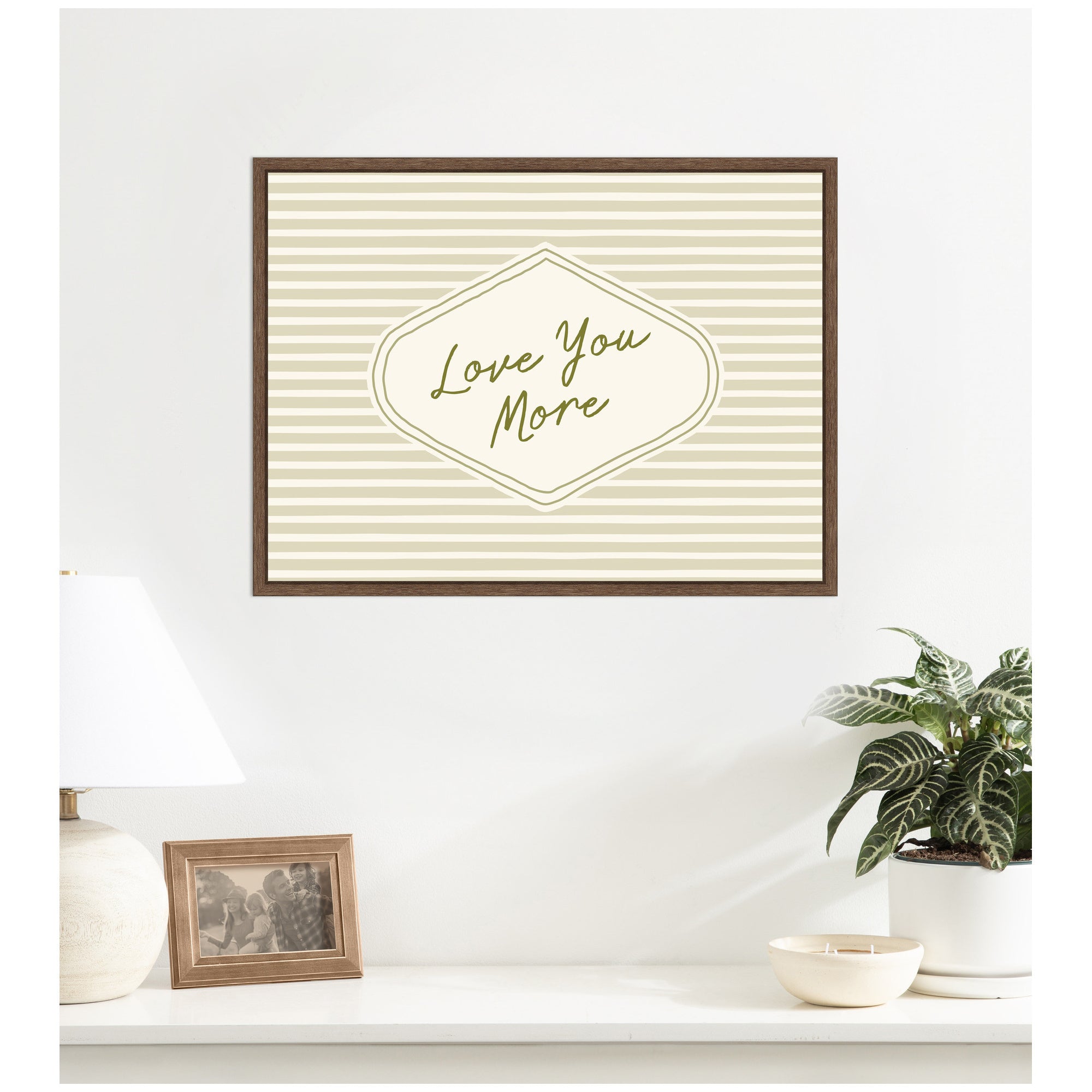 Retro Love You More Sage Green Striped by Lucky Guava Framed Canvas Wall Art Print