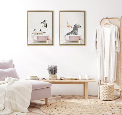 Sylvie Zebra and Flamingo in Cottage Rose Bathtub Framed Canvas by Amy Peterson