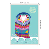 Stylized owl with intricate geometric patterns in blue, pink, gold, and purple hues stands on dotted blue semi-circles under a textured pale yellow moon against a turquoise background.