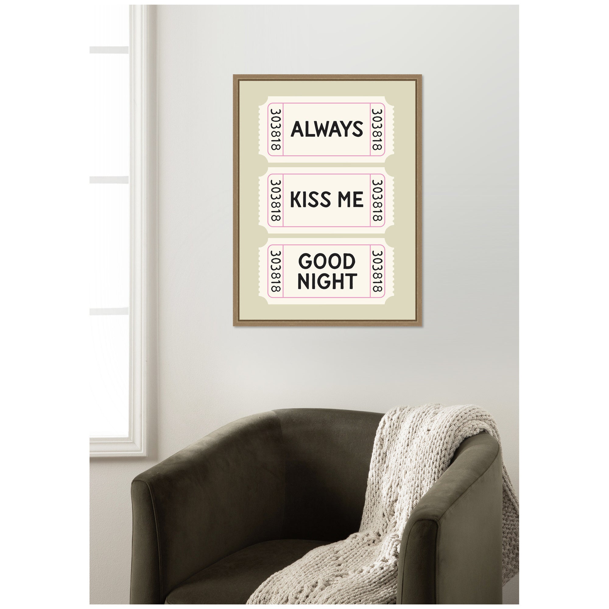 Above Bed Decor, Always Kiss Me Goodnight Ticket Print, Sage Green Wall Art Retro Poster by Lucky Guava Framed Canvas Wall Art Print