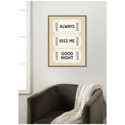 Above Bed Decor, Always Kiss Me Goodnight Ticket Print, Sage Green Wall Art Retro Poster by Lucky Guava Framed Canvas Wall Art Print