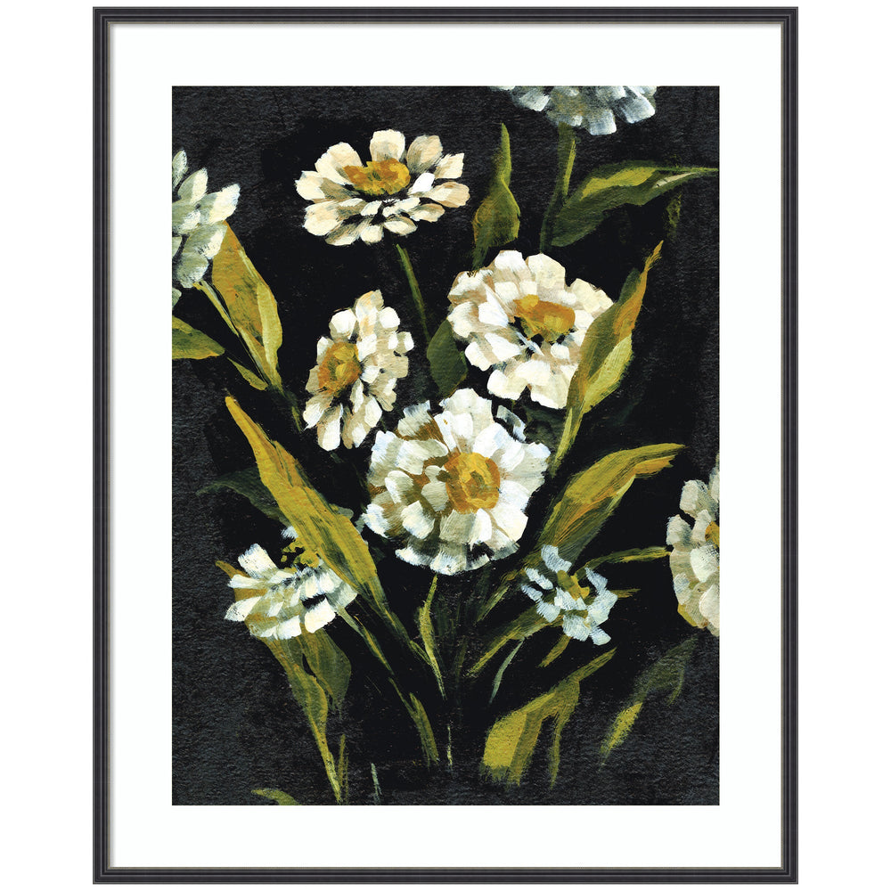 Framed floral artwork titled Moody Floral 1 featuring white daisies with yellow centers and green leaves on a dark background, in a narrow black frame.