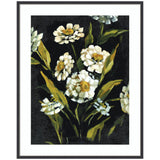 Framed floral artwork titled Moody Floral 1 featuring white daisies with yellow centers and green leaves on a dark background, in a narrow black frame.
