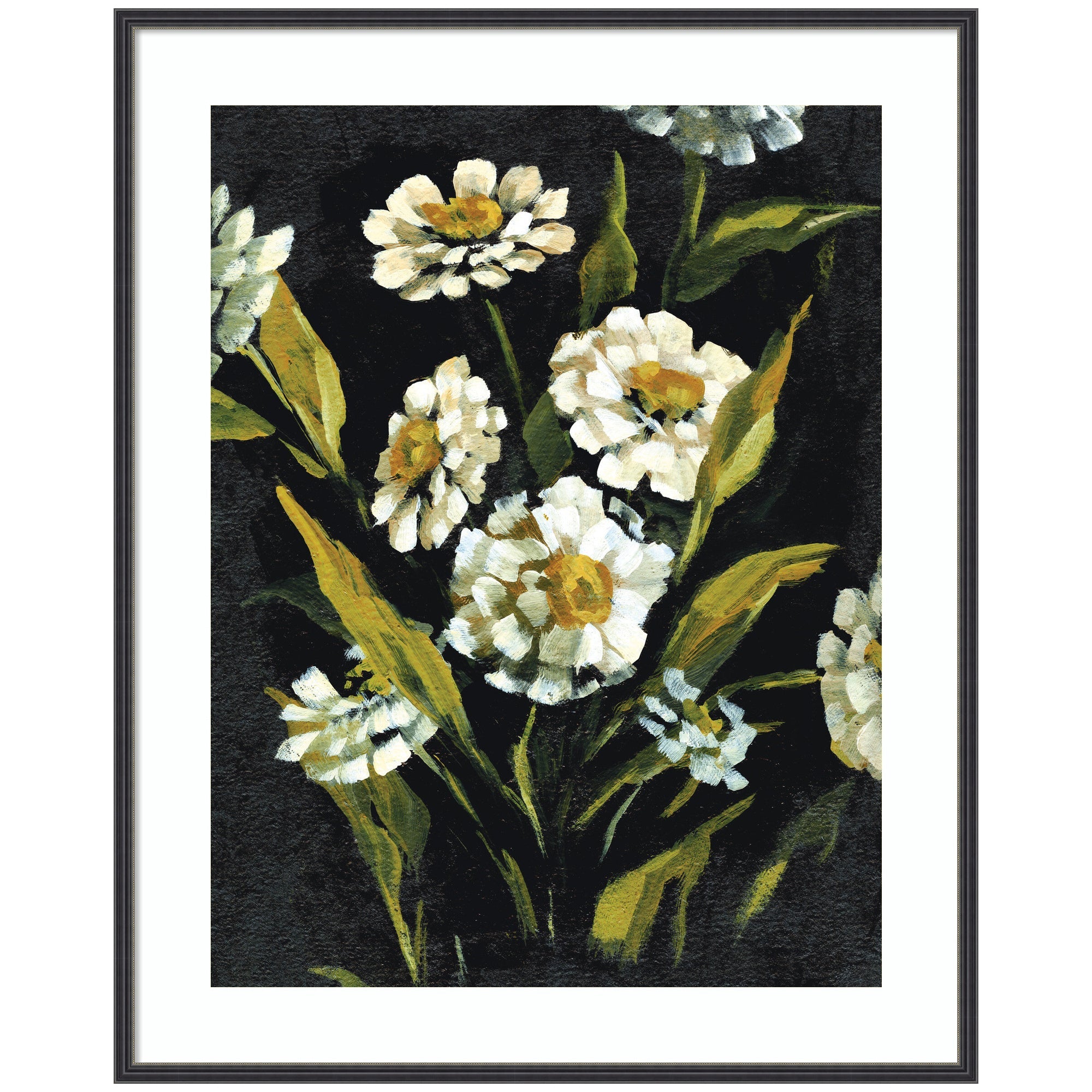 Framed floral artwork titled Moody Floral 1 featuring white daisies with yellow centers and green leaves on a dark background, in a narrow black frame.