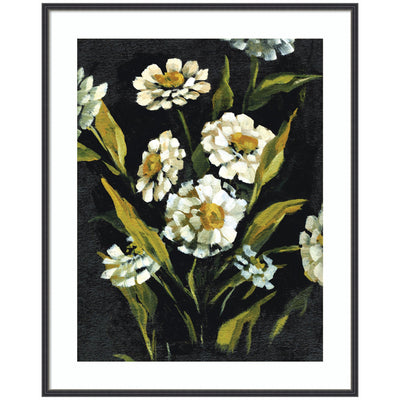 Framed floral artwork titled Moody Floral 1 featuring white daisies with yellow centers and green leaves on a dark background, in a narrow black frame.