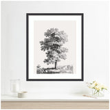 Black and white framed print of a detailed 1816 study of a large tree, hanging above a white mantel with glass candle and flower vase.