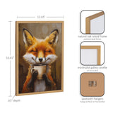 Portrait of a content orange fox with closed eyes holding a white coffee cup, framed in a minimalist natural oak wood frame with gold finish.