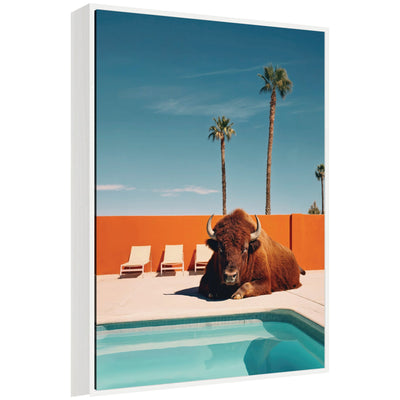 Sylvie Bison Chilling by the Pool in California framed canvas art showing a bison near poolside with California background