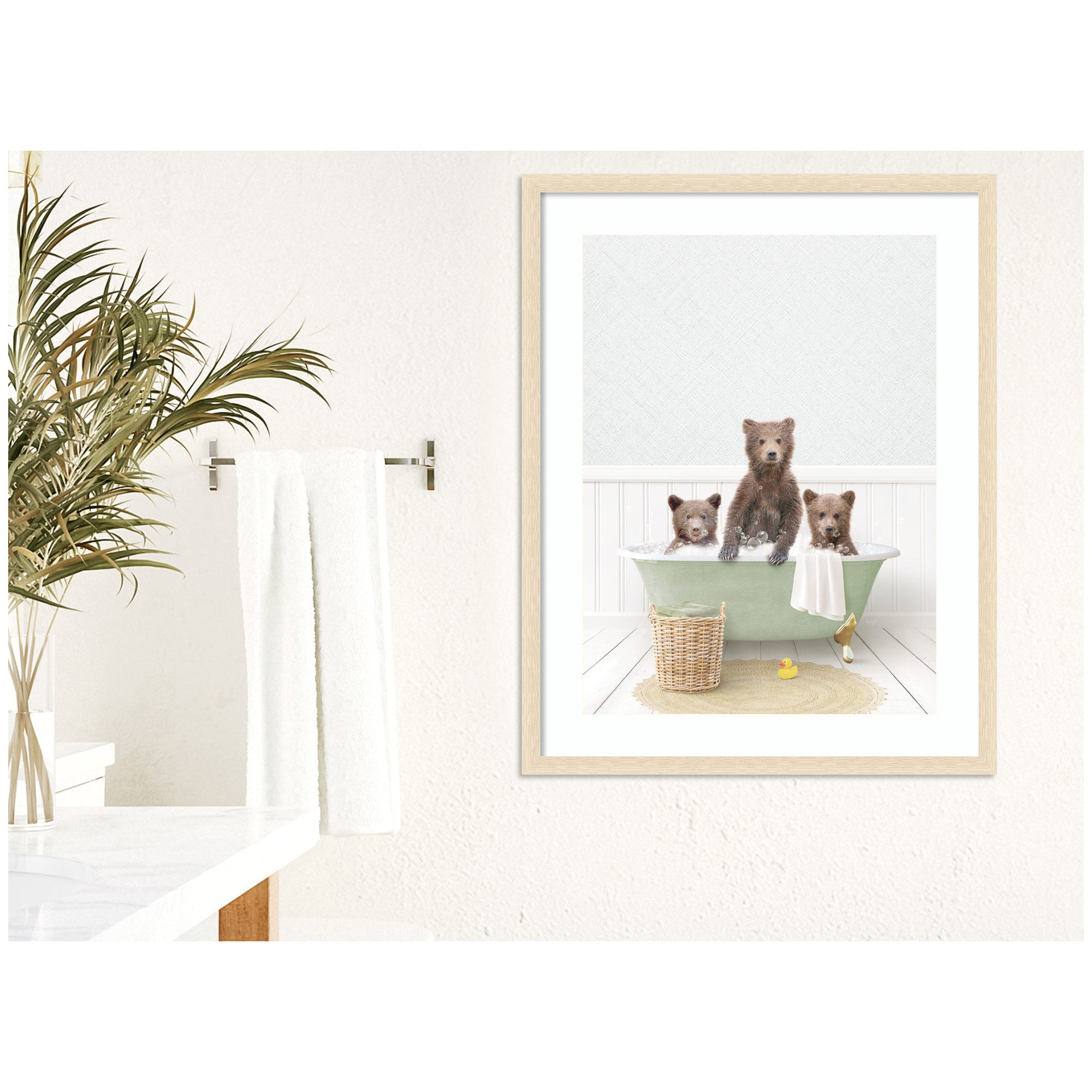 Three Bear Cubs in Cottage Green Bath by Amy Peterson Framed Wall Art Print