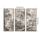Three framed vertical linen panels depicting detailed black and white wooded landscape scenes with trees and foliage, arranged side by side as a triptych.