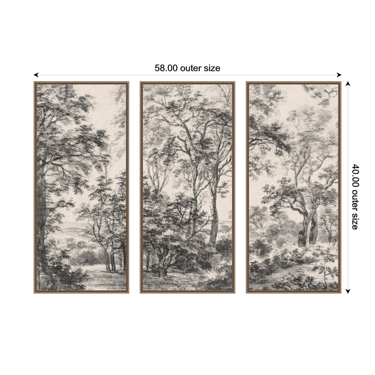 Three framed vertical linen panels depicting detailed black and white wooded landscape scenes with trees and foliage, arranged side by side as a triptych.