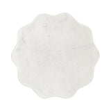 Top view of a round marble tabletop with a scalloped edge and subtle gray veining on a white background.