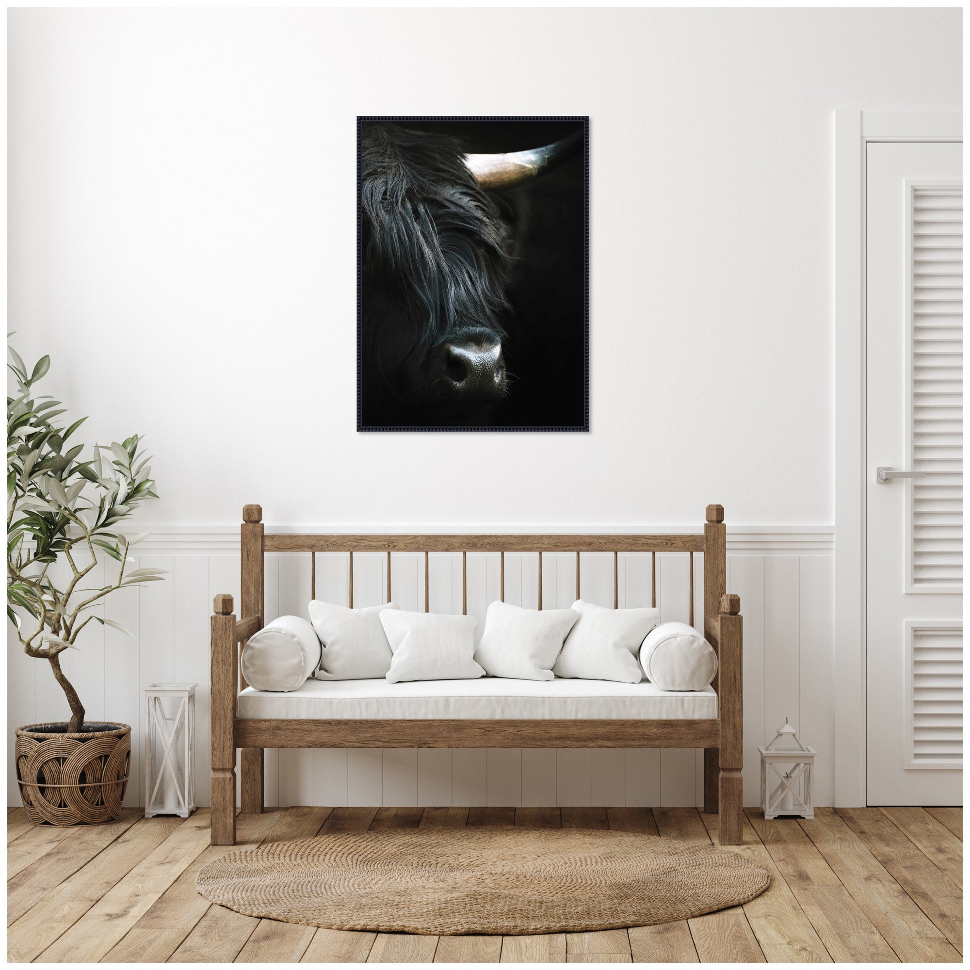 Minimalist Black Highland Cow Closeby Michael Schauer Framed Canvas Wall Art Print