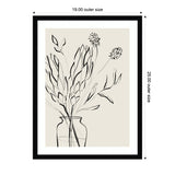 Black line drawing of protea flowers and leaves in a simple vase on beige background, framed with black and white matting showing 19 by 25 inches outer size.