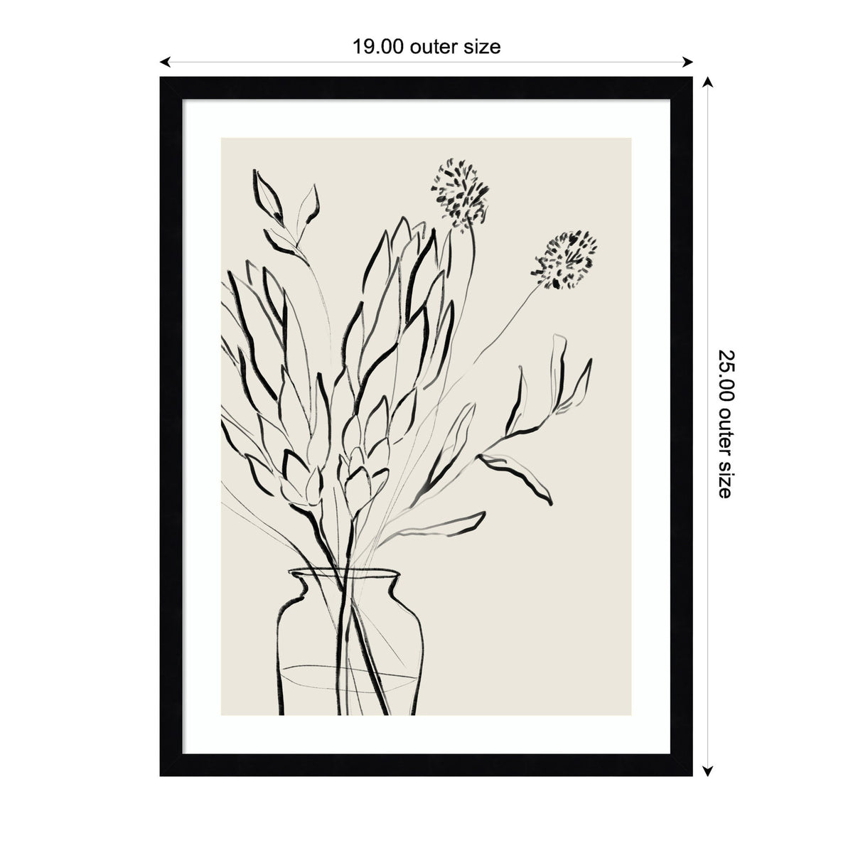 Black line drawing of protea flowers and leaves in a simple vase on beige background, framed with black and white matting showing 19 by 25 inches outer size.