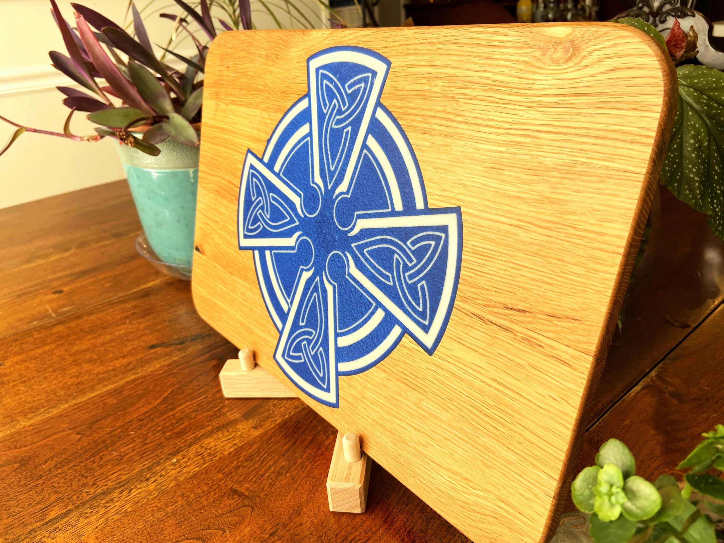 Handmade Celtic Cross charcuterie board in white oak with white on blue resin inlay