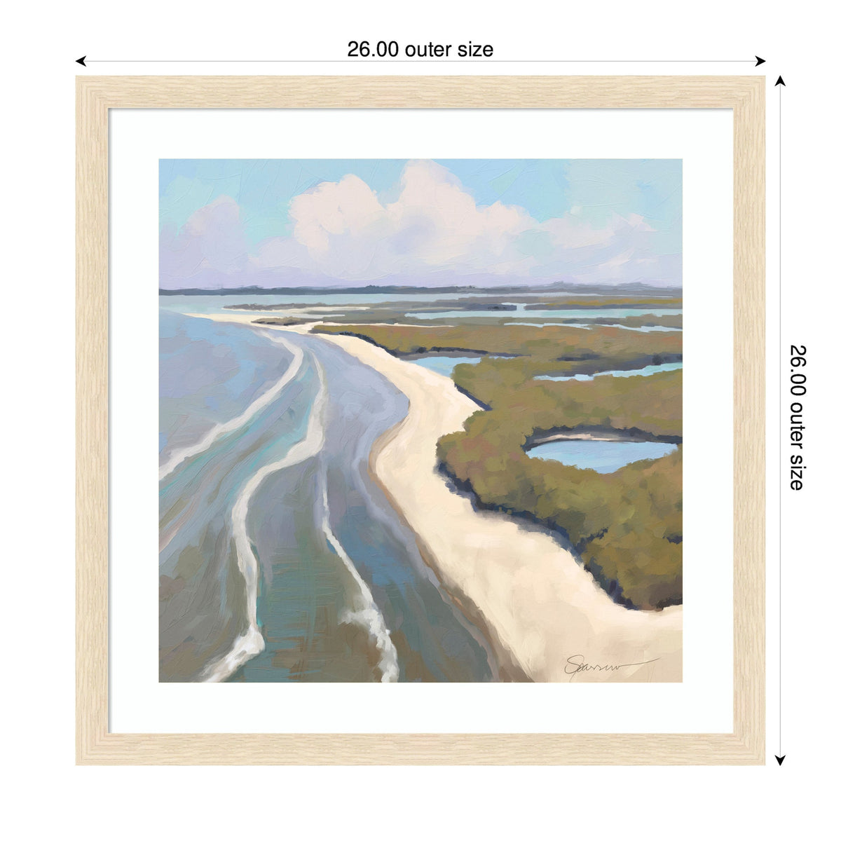 Framed coastal landscape painting by Mary Sparrow showing a winding shoreline with blue water, sandy beach, green vegetation, and distant horizon under a partly cloudy sky.