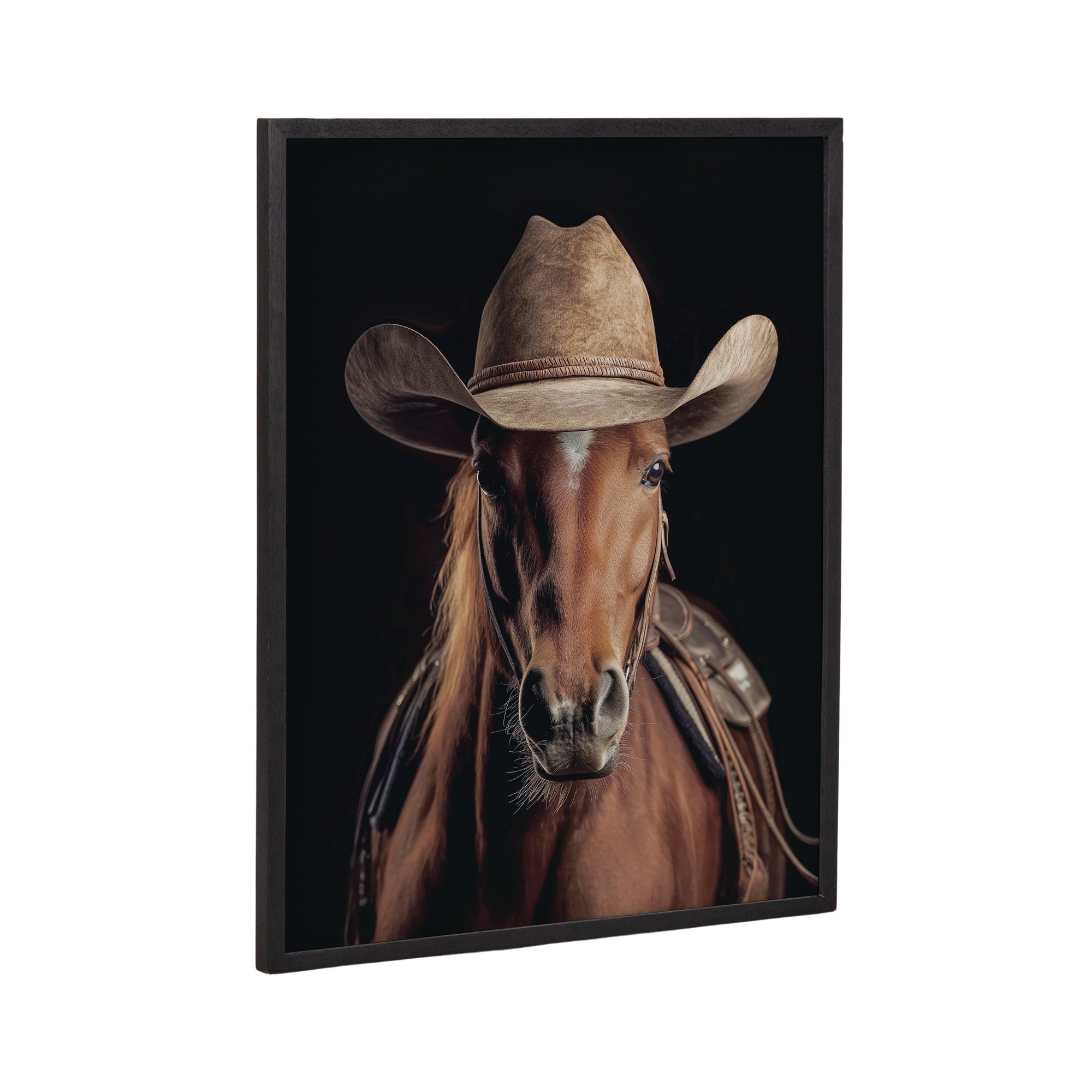 Framed print of a horse wearing a western cowboy hat, shown in a black frame