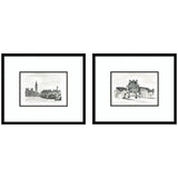 Framed wall art set showing vintage postcard images of London and Paris in black frames, hung side by side.