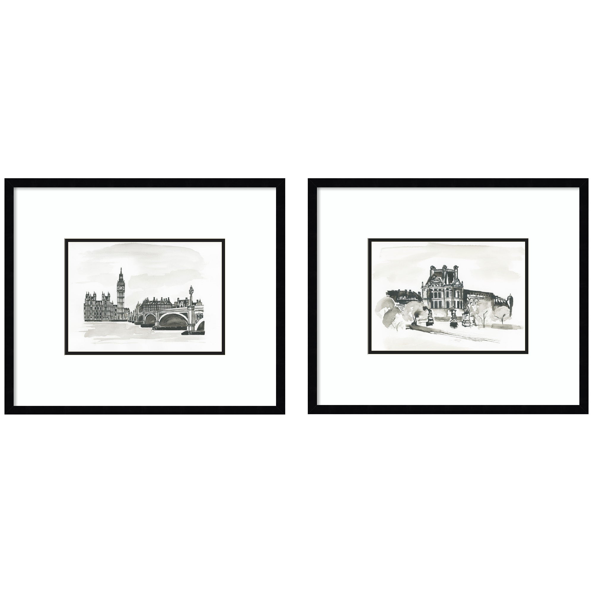 Framed wall art set showing vintage postcard images of London and Paris in black frames, hung side by side.