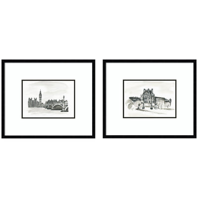 Framed wall art set showing vintage postcard images of London and Paris in black frames, hung side by side.