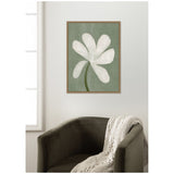 Framed canvas print of a white flower with broad petals and a green stem on a muted green background, hanging above a dark olive armchair draped with a cream knit blanket.