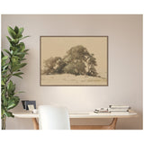 Subtle sepia-toned canvas of clustered trees on a neutral wall above a sleek wooden desk with stacked books and a leafy green plant nearby.
