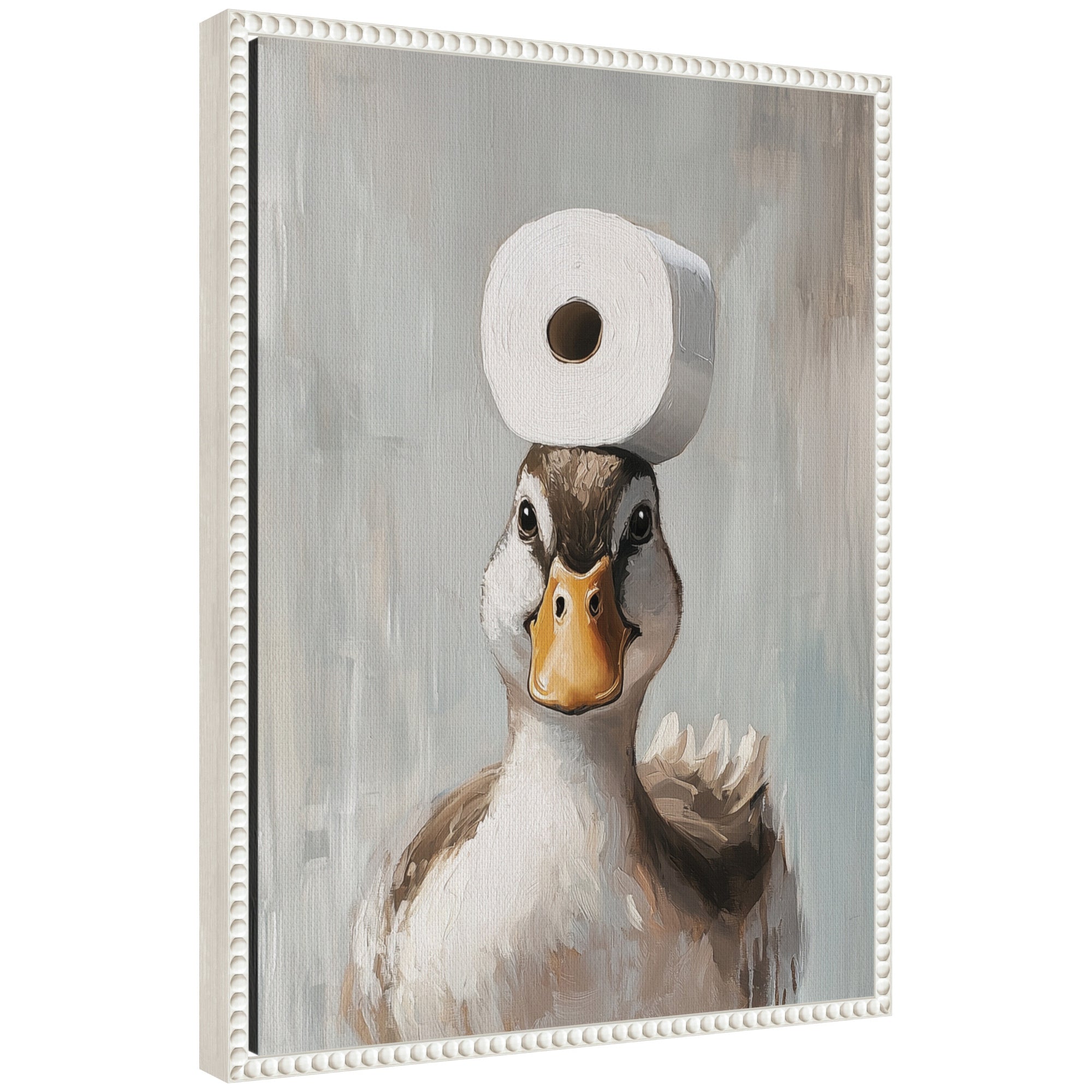 Framed canvas art showing a duck with a toilet paper roll on its head in a bathroom setting