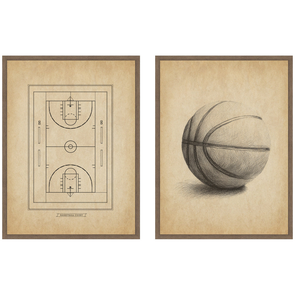 Two framed canvas prints featuring vintage basketball imagery with textured backgrounds, displayed side by side on a wall.