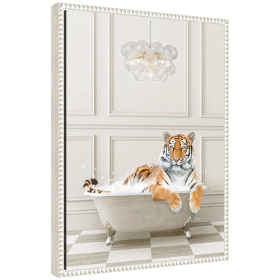 Sylvie Tiger Traditional Chandelier Bath framed canvas art by Amy Peterson showing animal on a vintage beaded framed gallery-wrapped canvas