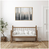 Painting of birch trees with glowing light filtering through, framed in natural wood, hanging above a wooden bench with white cushions in a bright room.