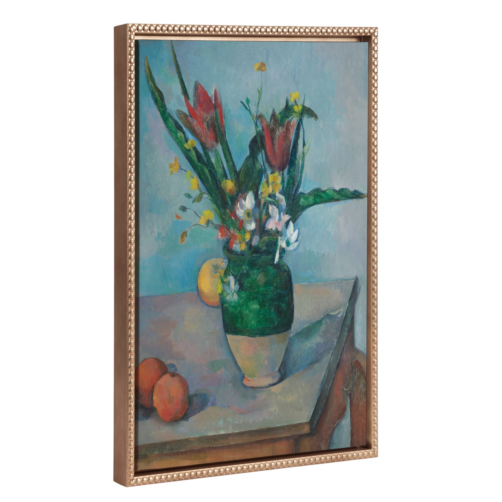 Framed canvas artwork titled 'Sylvie Beaded The Vase of Tulips, c.
1890' showing a vase with tulip flowers surrounded by a vintage beaded frame