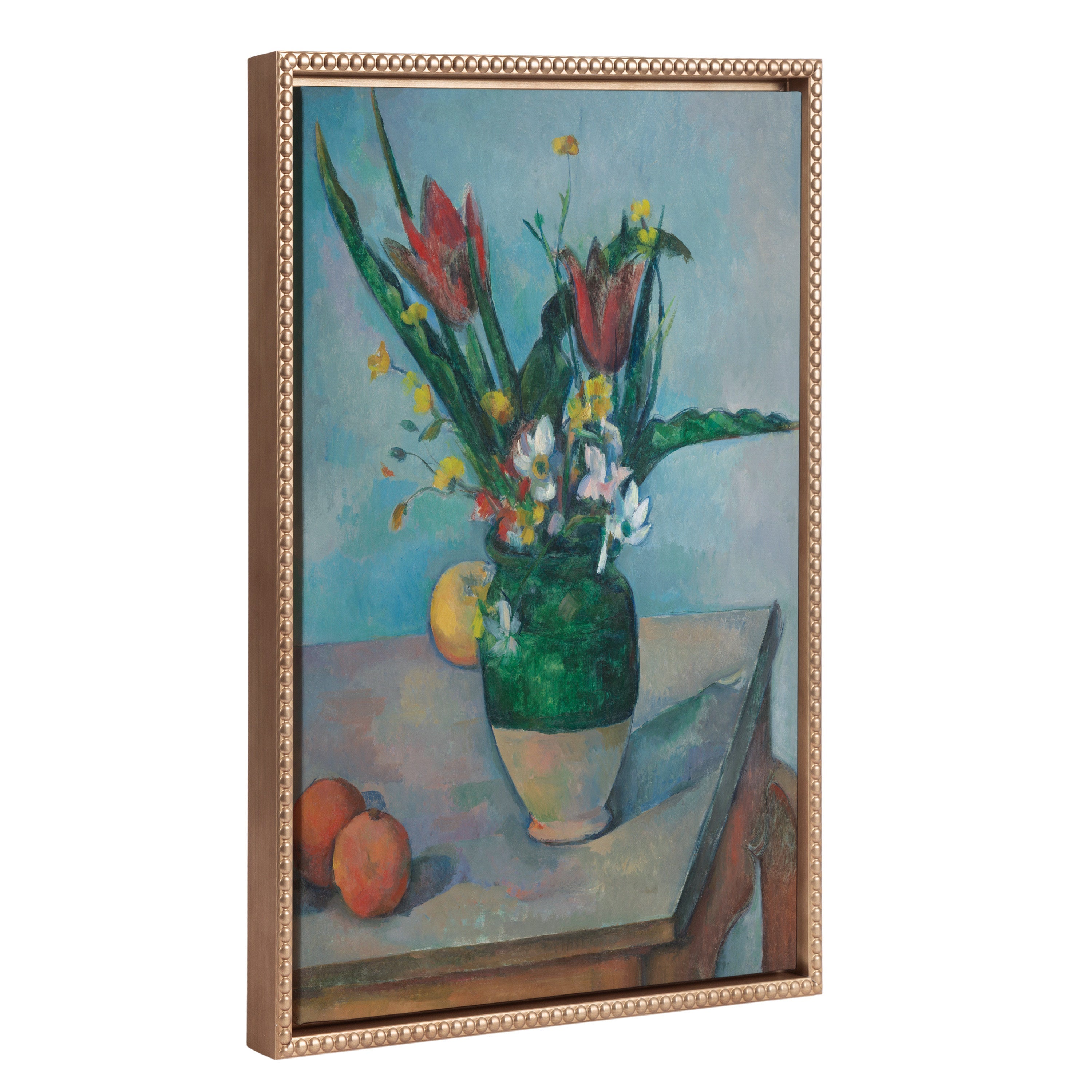Framed canvas artwork titled 'Sylvie Beaded The Vase of Tulips, c.
1890' showing a vase with tulip flowers surrounded by a vintage beaded frame
