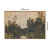 Impressionistic landscape painting showing a river flanked by dark green and brown trees under a pale, cloudy sky, framed with detailed edges.