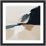 Abstract coastal landscape with sandy beige foreground, dark blue cliff on the right, and muted gray-blue water under a pale sky, framed in black.
