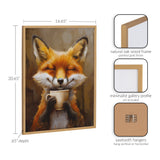 Framed print of a smiling fox holding a white coffee cup, with a warm brown background and natural oak wood frame with gold finish.