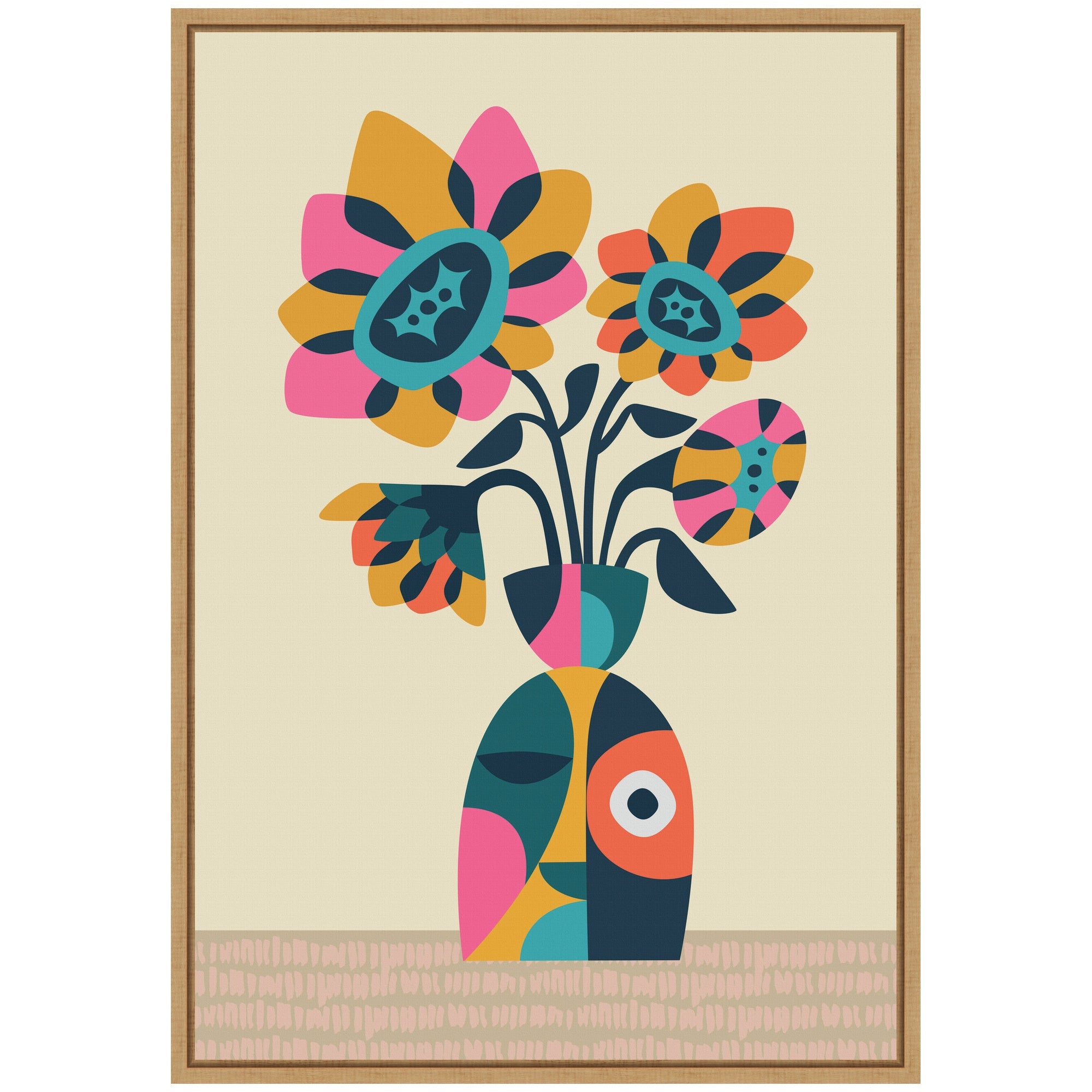 Sylvie Abstract Vintage Retro Sunflower Vase Framed Canvas by Rachel Lee