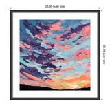 Square framed painting of a vibrant sunset sky with swirling clouds in shades of pink, purple, orange, and blue above a dark horizon silhouette.