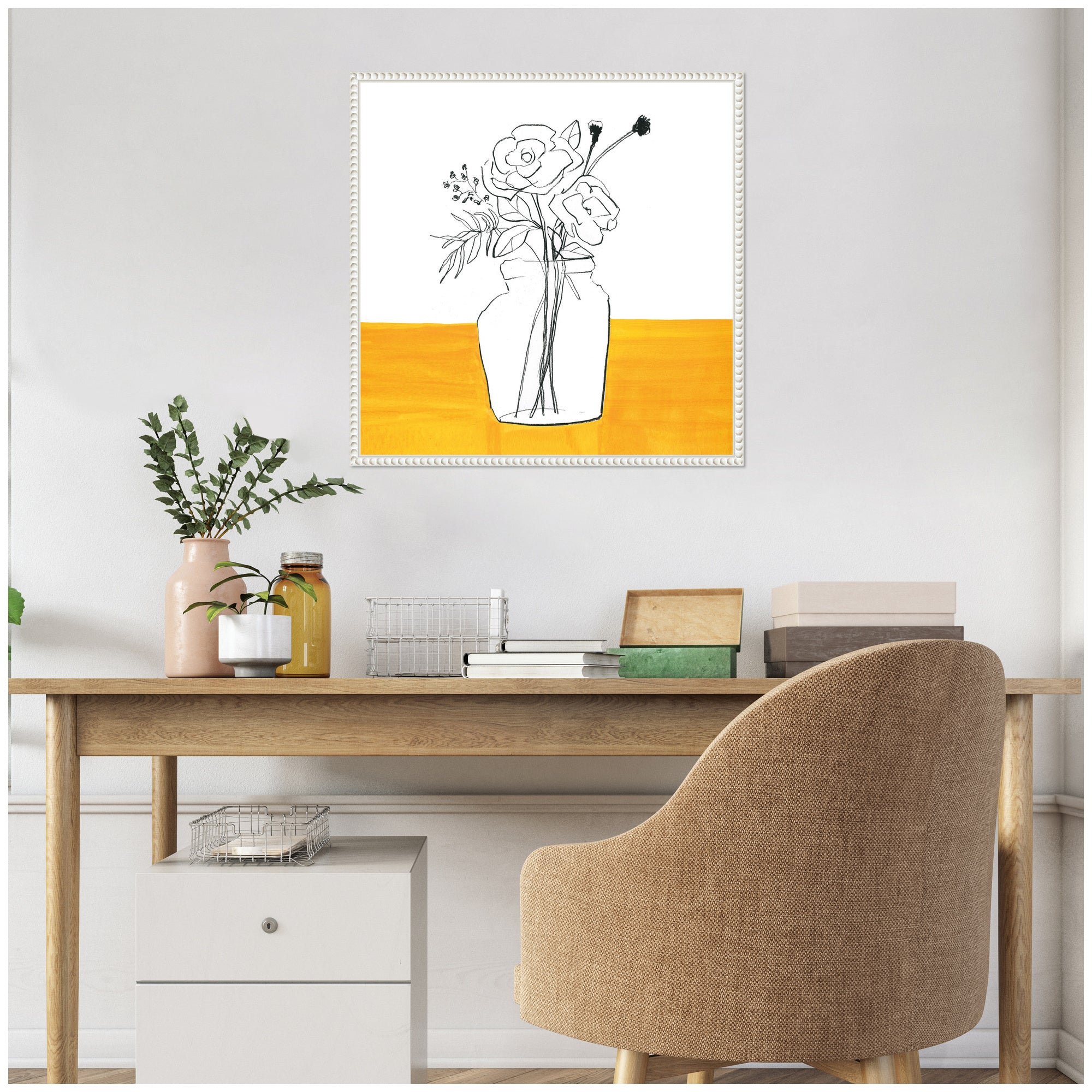 Sylvie Minimalist Floral Vase on Yellow Table Framed Canvas by Teju Reval