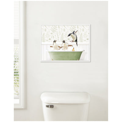 Sylvie Penguins in Fern Bath Framed Canvas by Amy Peterson