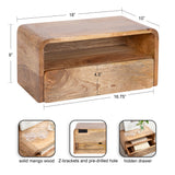 Small rectangular floating side table made of solid mango wood with smooth rounded edges, open shelf, and hidden drawer at the bottom, dimensions labeled